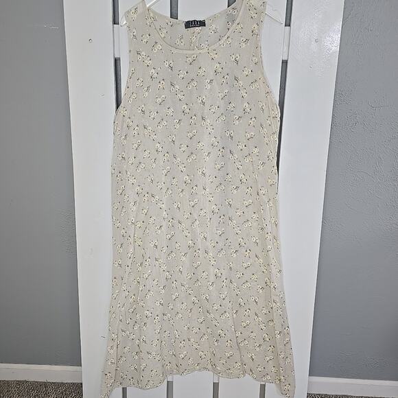 Saga Made In Italy Floral Beige Midi Dress Large Cottage Prairie Lagenlook 90s - Picture 1 of 7
